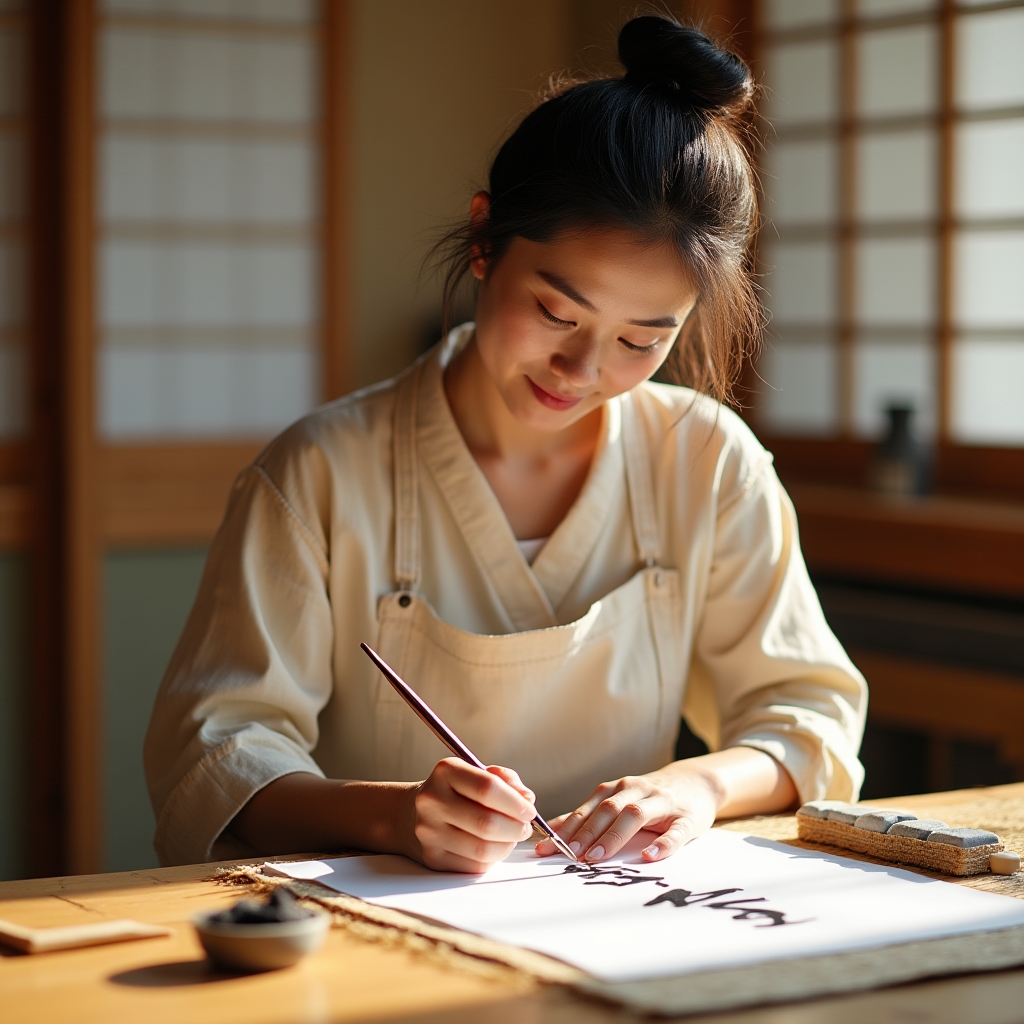 初心者が筆を使って書道を練習している様子