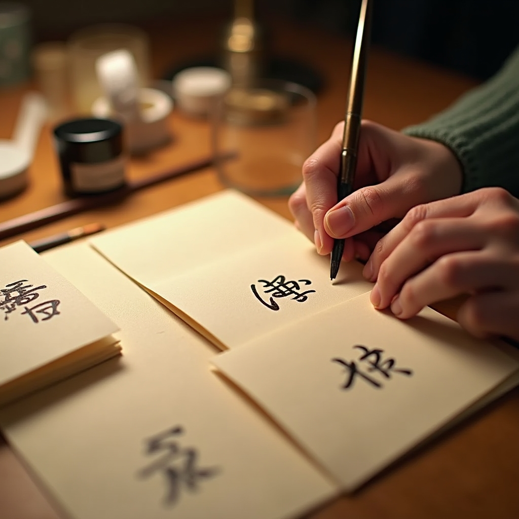 手書きの書道カード制作の様子