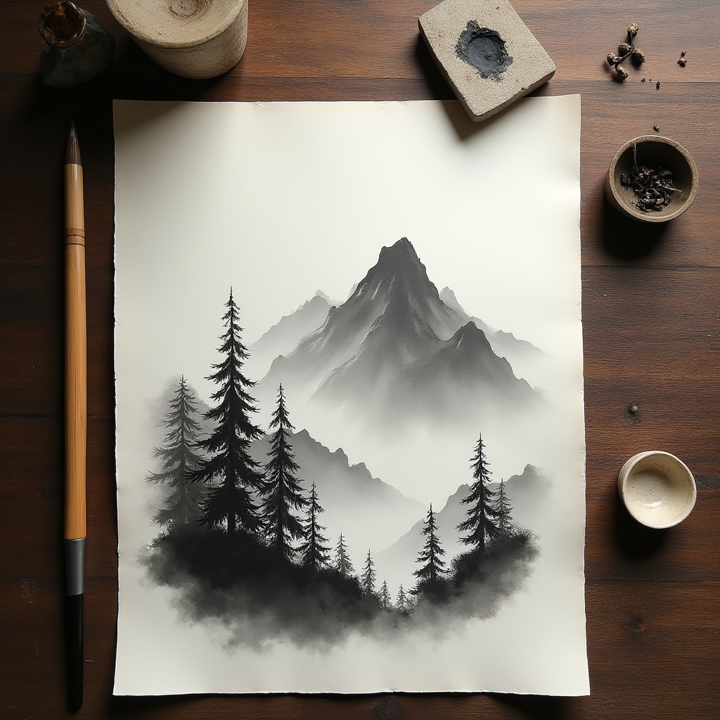 墨絵で描かれた山水の作品