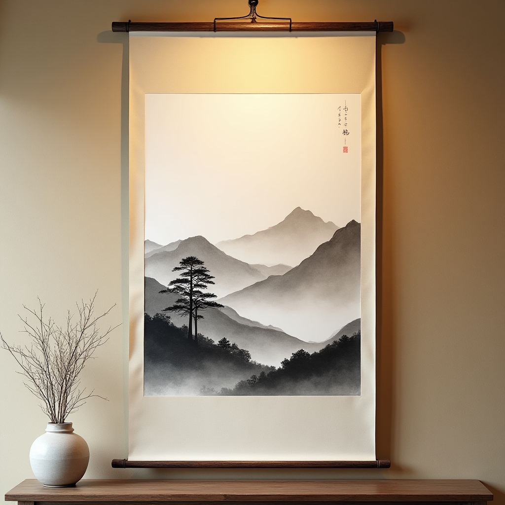 墨で描かれた山と川の風景画